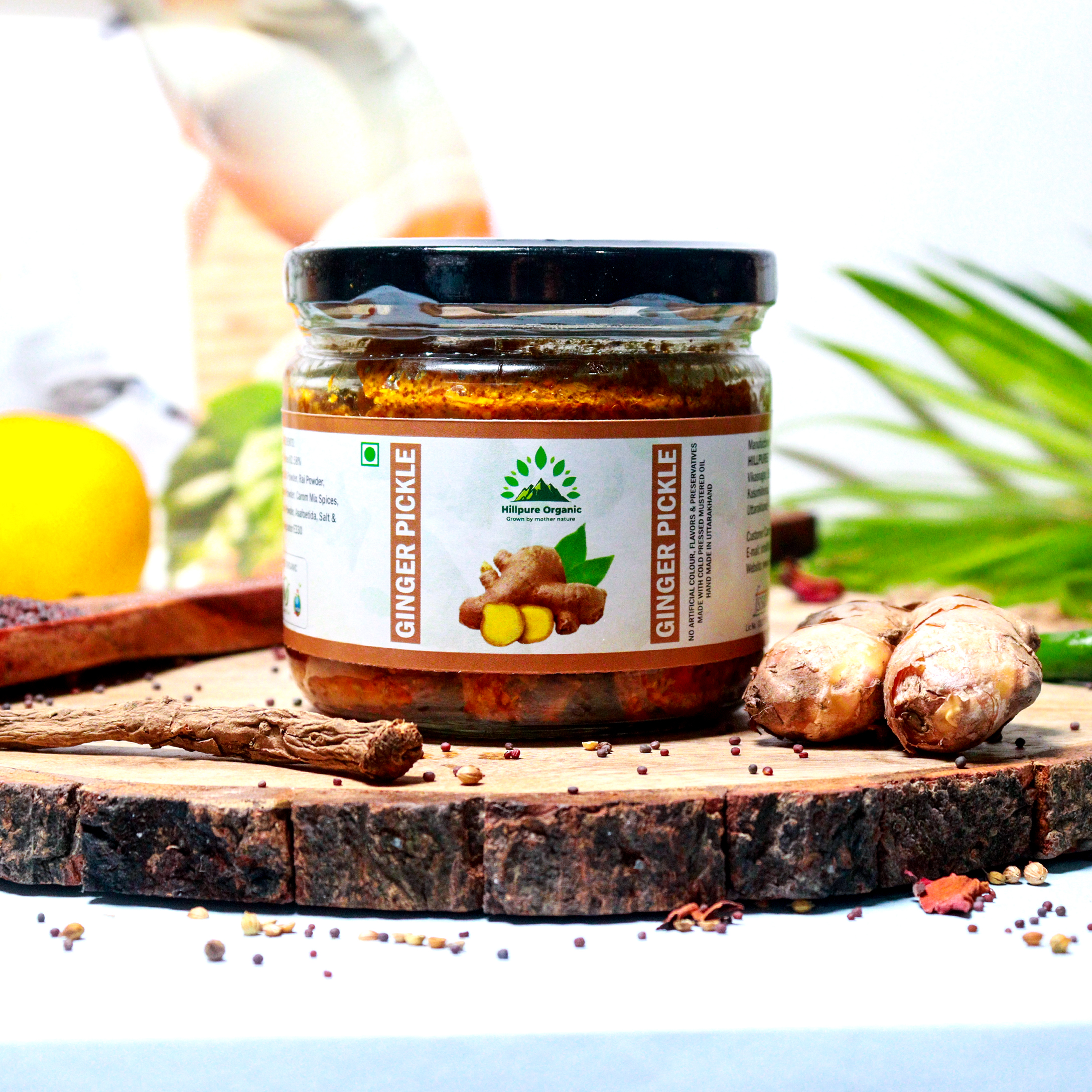 Hillpure Organic Ginger Pickle, Handcrafted Original Recipe & Traditional Taste, From Uttarakhand - (300 gm, Glass Jar)