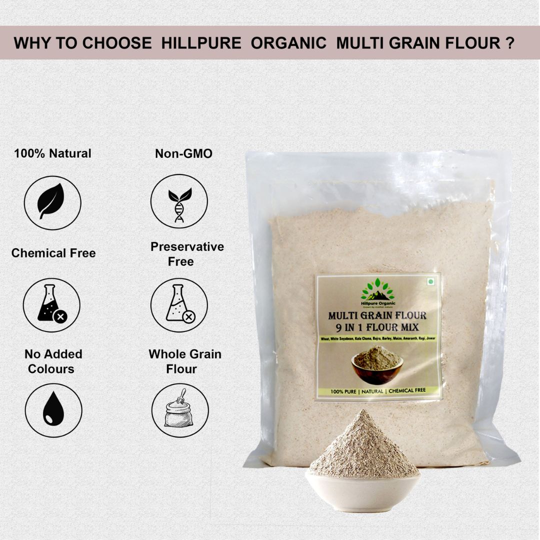 Hillpure Organic Multi Grain Flour 9 in 1 Flour Mix, Diabetic Friendly,Clinically Certified, Multigrain Atta for entire family (1 + 1Kg) - Image 2