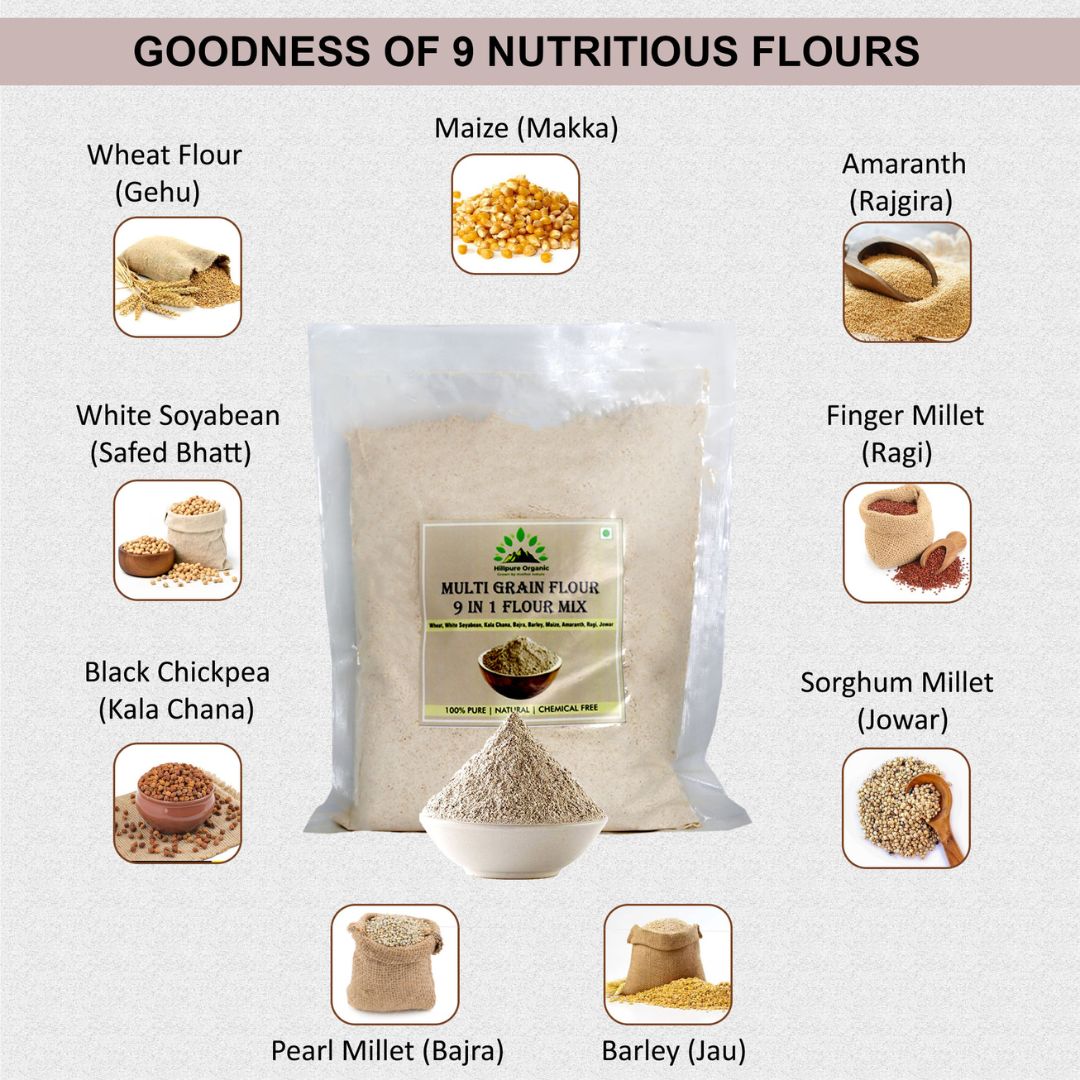 Hillpure Organic Multi Grain Flour 9 in 1 Flour Mix, Diabetic Friendly,Clinically Certified, Multigrain Atta for entire family (1 + 1Kg) - Image 3