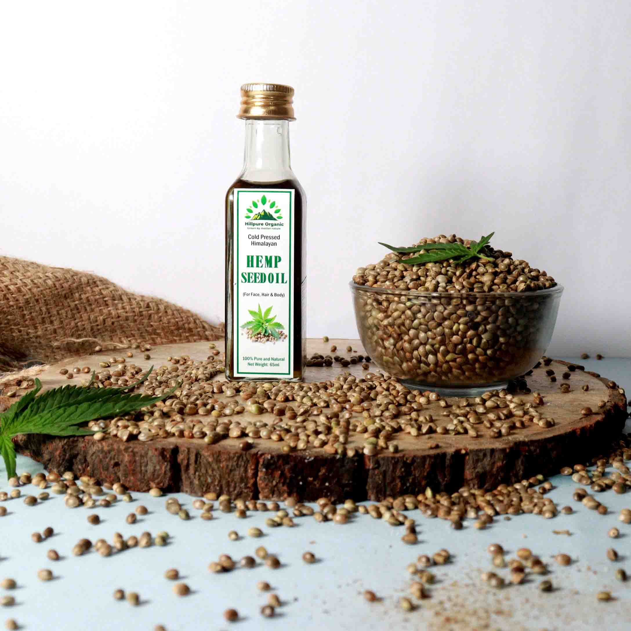 Hillpure Organic Cold Pressed Himalayan Hemp Seed Oil for hair growth, skin care, face, For External Use & Stunning Youthful Looks (65 ml, Glass Bottle)