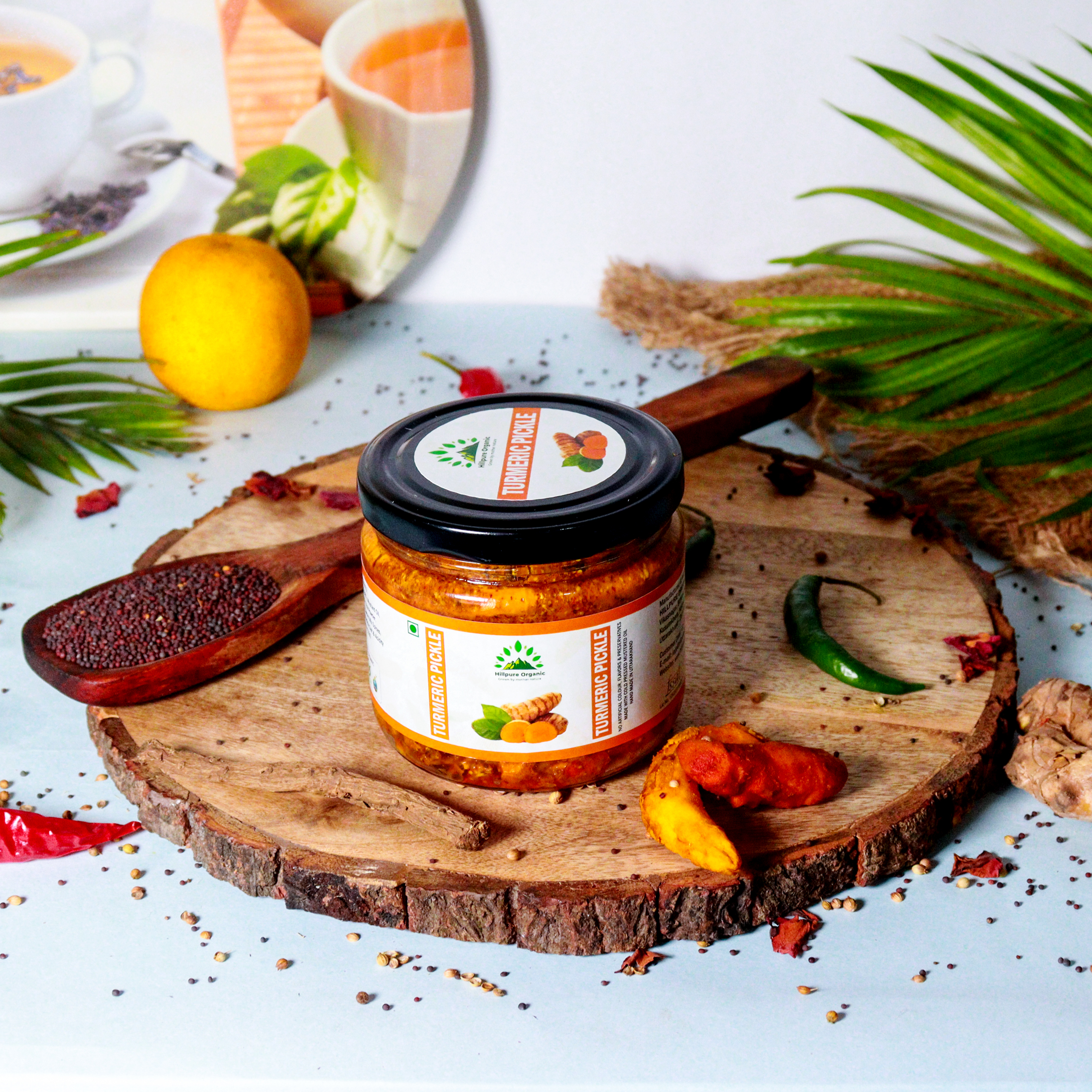 Hillpure Organic Grown by mother nature Turmeric Pickle,Haldi Ka Achar Handcrafted Original Recipe&Traditional Taste,From Uttarakhand Handpicked|No Preservatives/Colors|- 300 + 300 Gm Glass Jar, Pack of 2 - Image 2