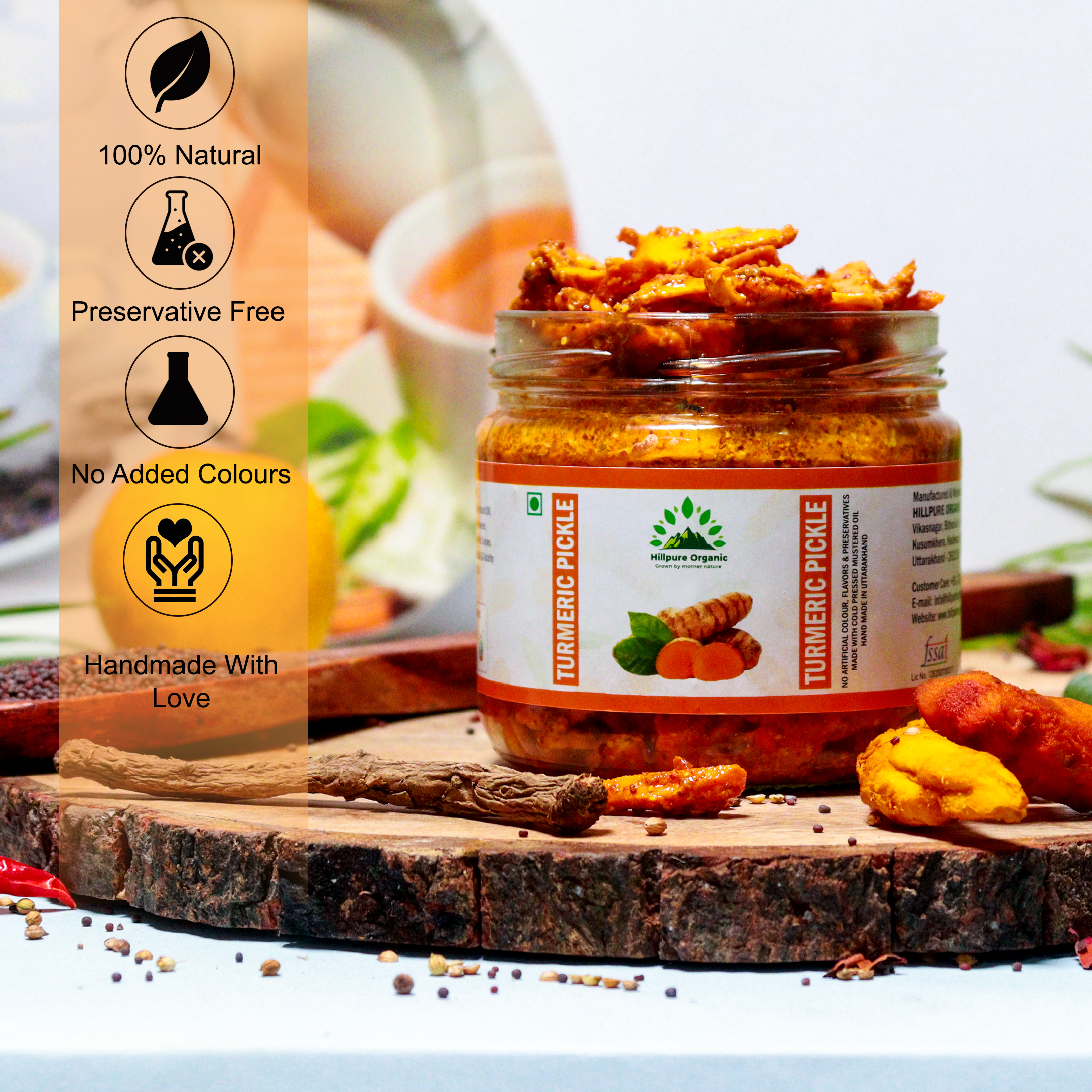 Hillpure Organic Grown by mother nature Turmeric Pickle,Haldi Ka Achar Handcrafted Original Recipe&Traditional Taste,From Uttarakhand Handpicked|No Preservatives/Colors|- 300 + 300 Gm Glass Jar, Pack of 2 - Image 3