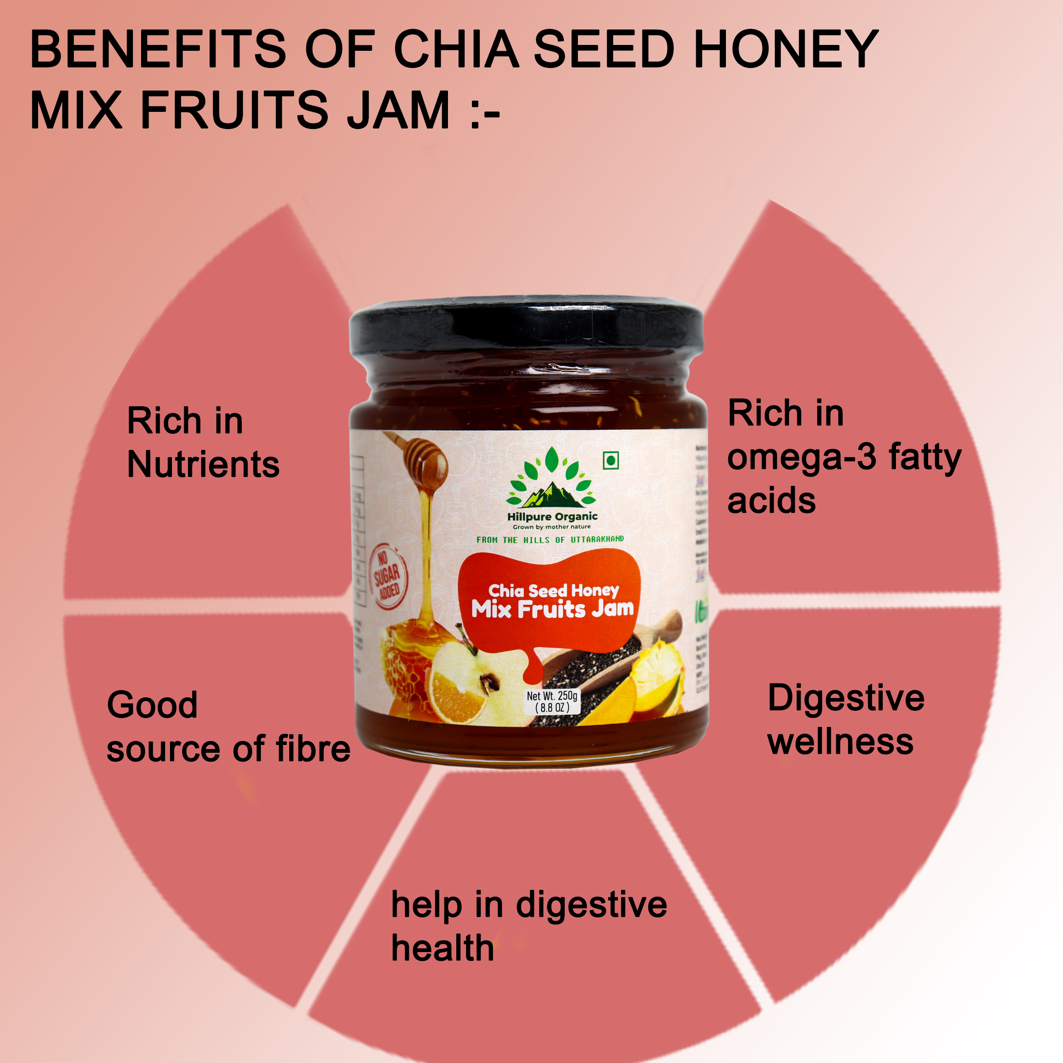 Hillpure Organic Grown by mother nature Chia Seed Honey Mix Fruit Jam | Natural Jam with No Added Sugar | Made with Real Fruits & Pure Honey | Rich in Fiber & Omega-3 | Healthy Fruit Spread | Healthy, Gut-Friendly Spread | Best for kids - Image 2