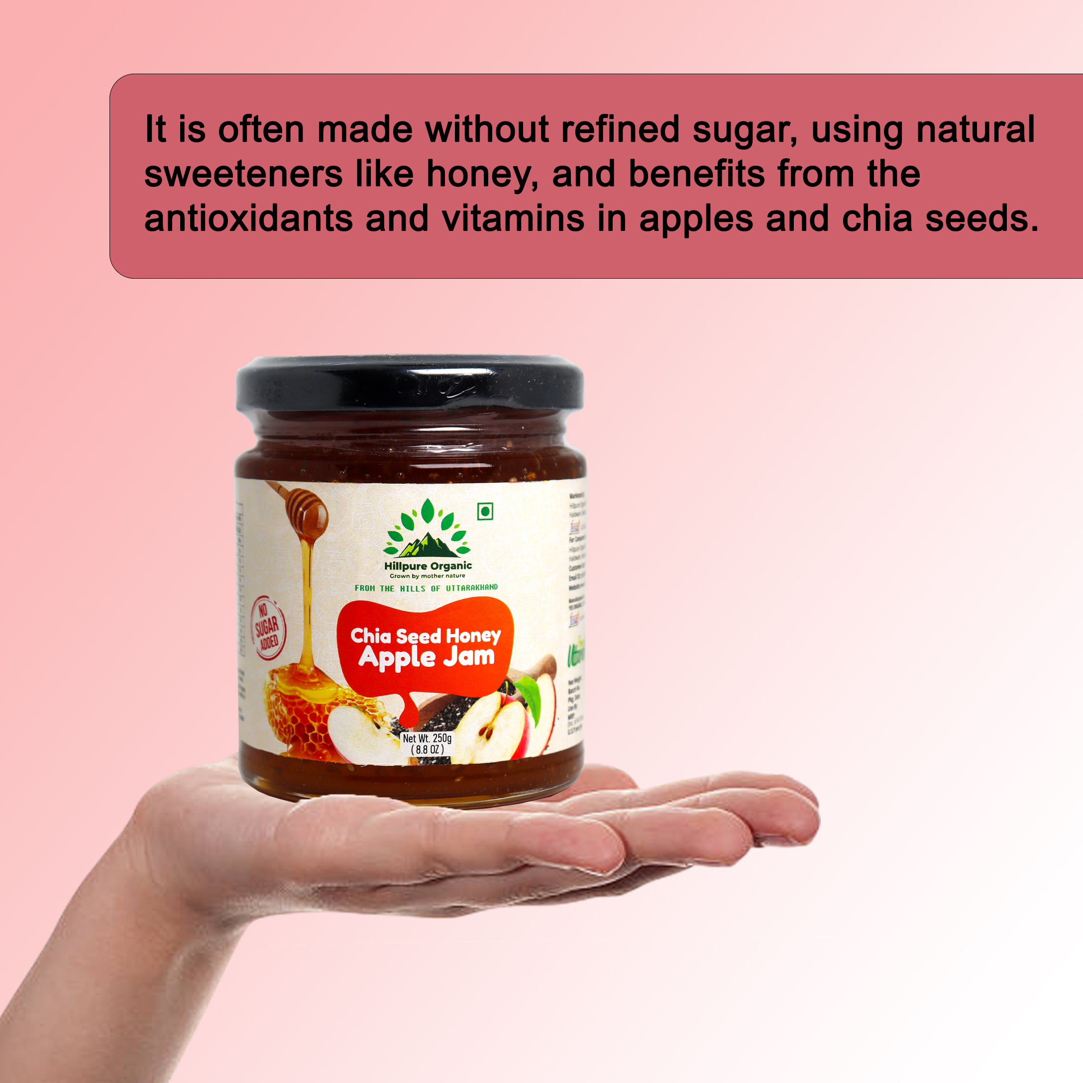 Hillpure Organic Grown by mother nature Chia Seed Apple Jam | Made with Real Apples & Pure Honey | No Added Sugar | Rich in Fiber & Omega-3 | Healthy Spread | Healthy, Gut-Friendly Spread | Best for kids - Image 4