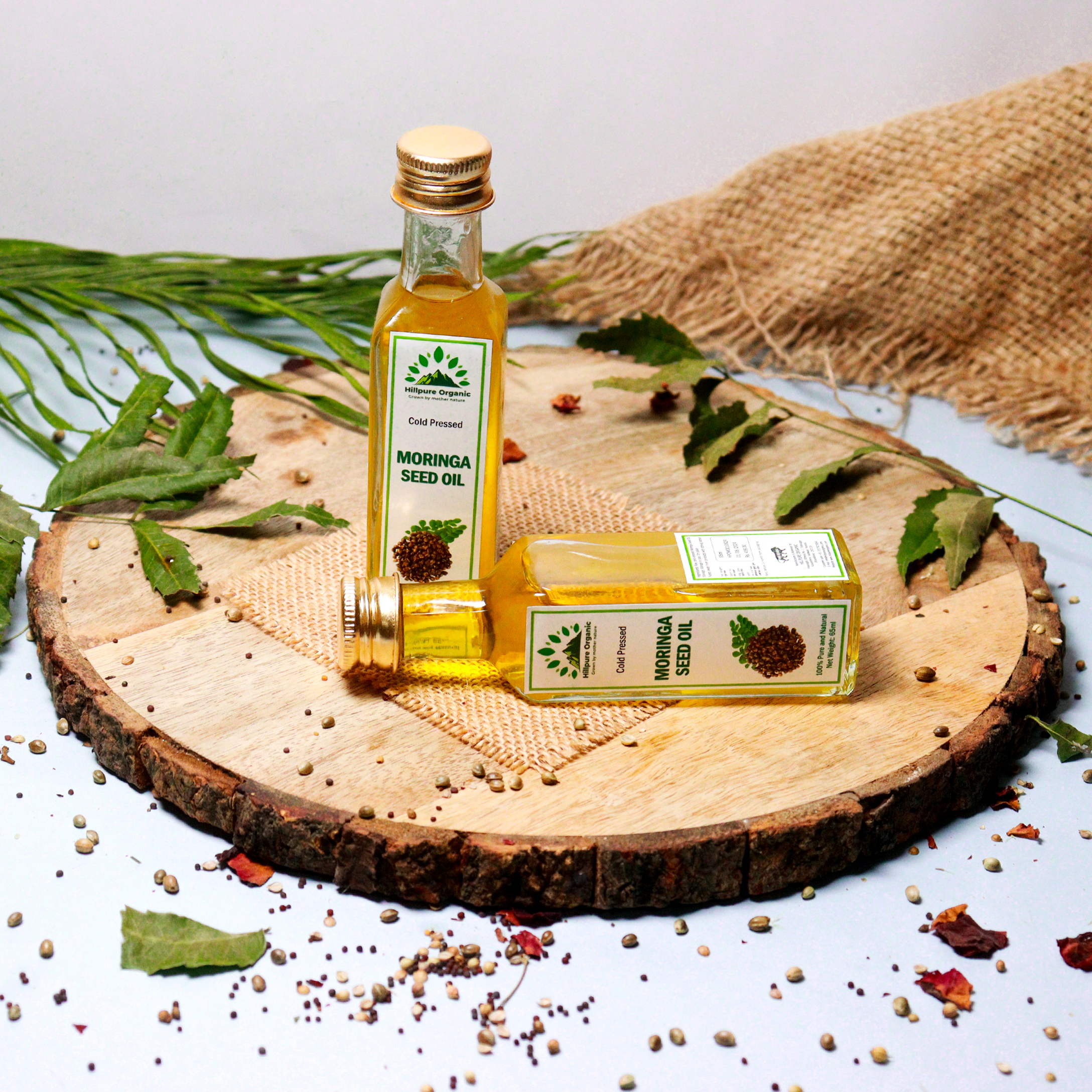 Hillpure Organic Premium Cold Pressed Moringa Seed Oil,100% Pure & Natural for Face, Hair & body (65 + 65ml, Glass Bottle), Pack of 2