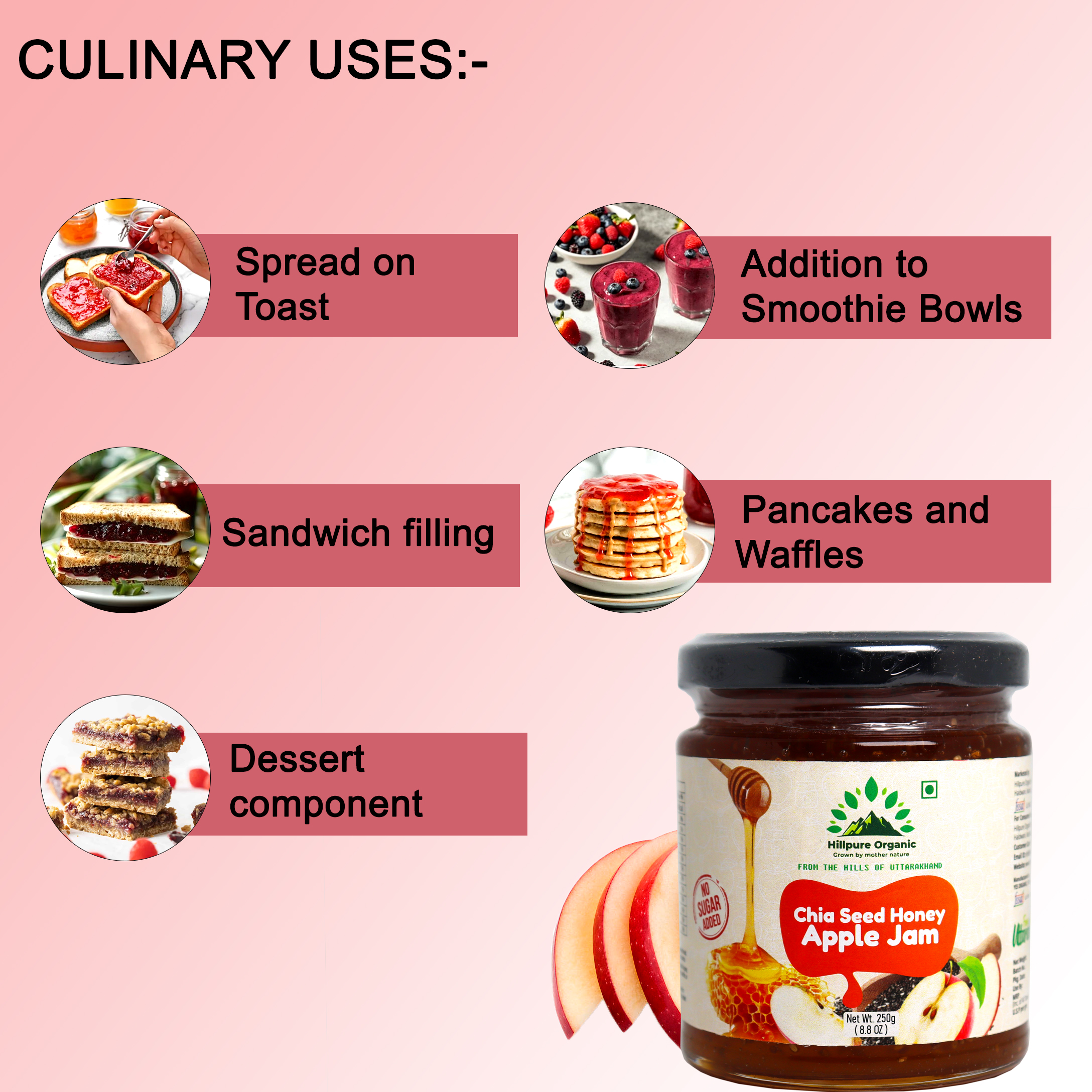 Hillpure Organic Grown by mother nature Chia Seed Apple Jam | Made with Real Apples & Pure Honey | No Added Sugar | Rich in Fiber & Omega-3 | Healthy Spread | Healthy, Gut-Friendly Spread | Best for kids - Image 5