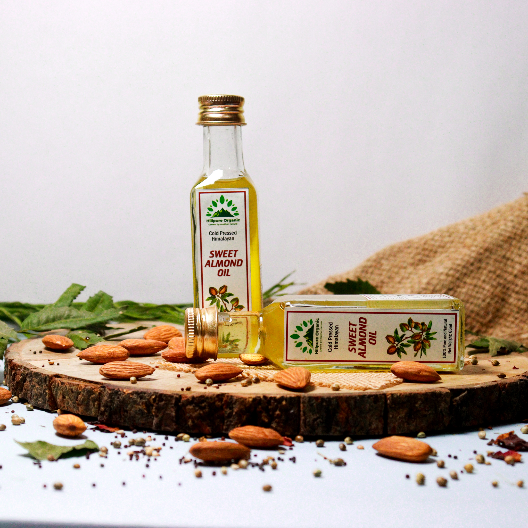 Hillpure Organic Cold Pressed Himalayan Sweet Almond Oil - 100% Pure & Natural Edible Badam Tel Rich in Vitamin -E For Healthy Skin, Hair and Body (65 ml,Pack of 2, Glass Bottle)