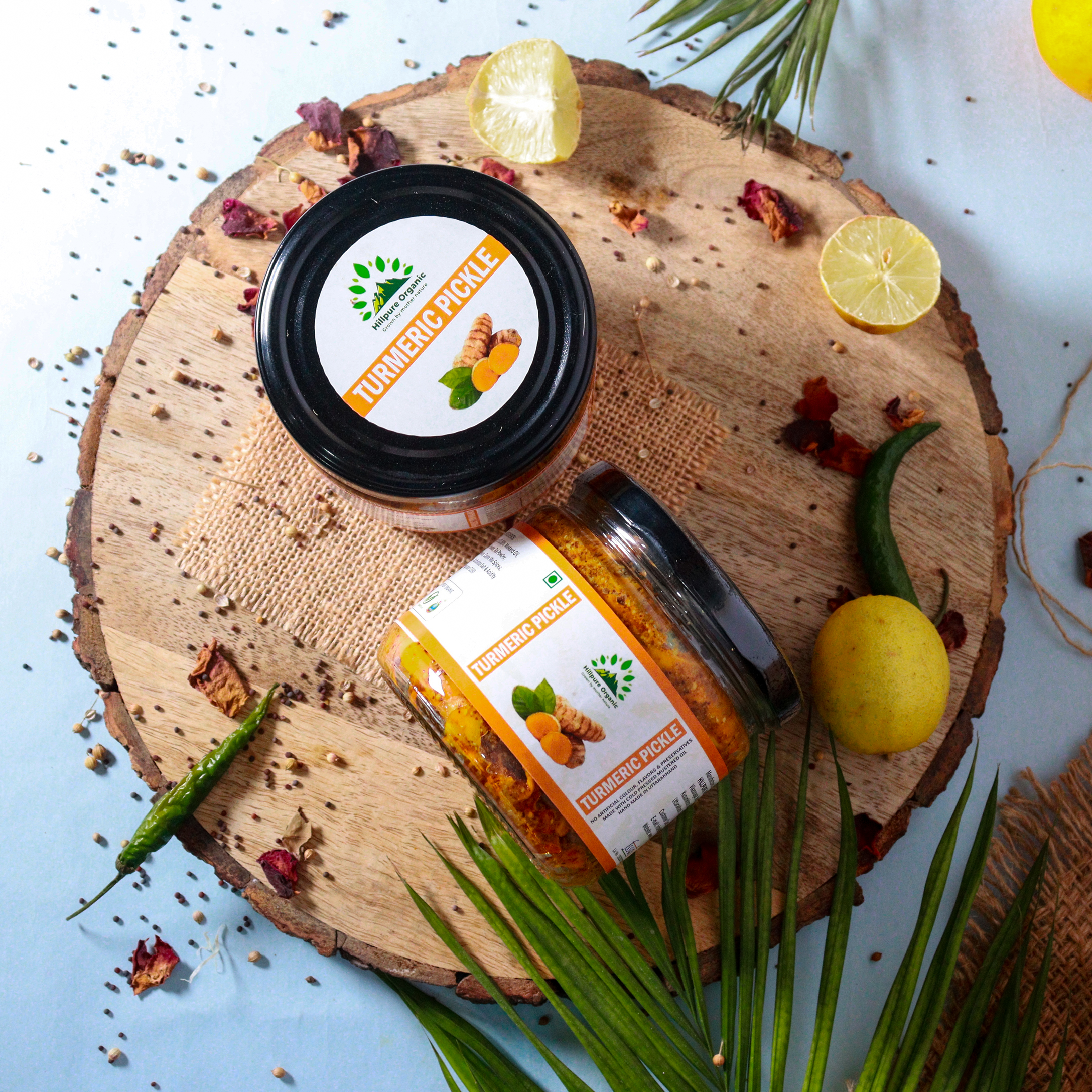 Hillpure Organic Grown by mother nature Turmeric Pickle,Haldi Ka Achar Handcrafted Original Recipe&Traditional Taste,From Uttarakhand Handpicked|No Preservatives/Colors|- 300 + 300 Gm Glass Jar, Pack of 2